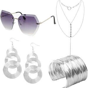 Chic 4-Piece 70s Disco Accessory Set: Bracelet, Sunglasses & Jewelry for Parties